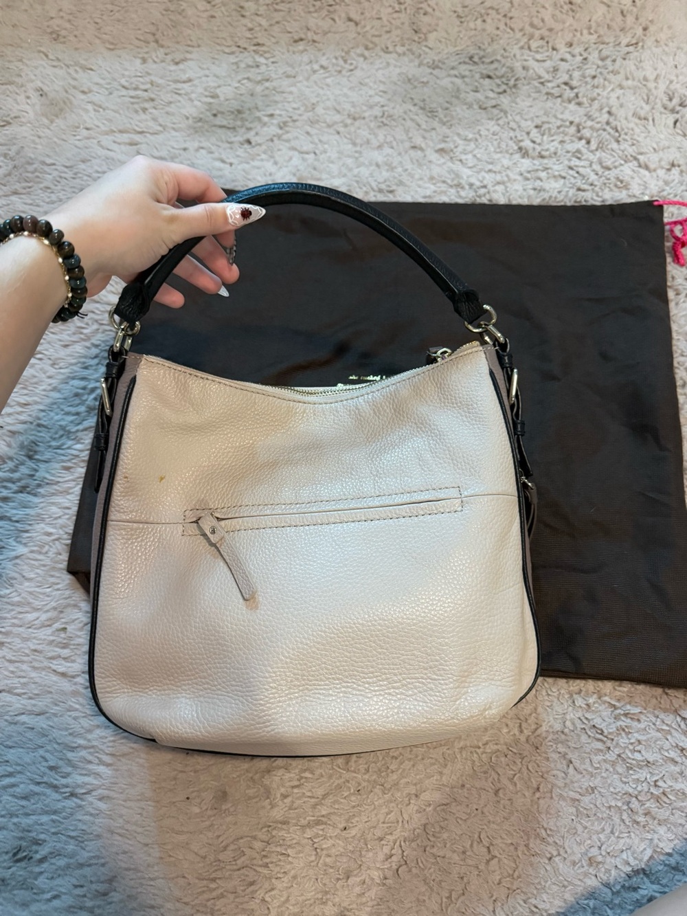 Cream Leather Hobo Bag with Black Handle